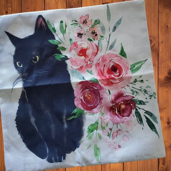 Black Cat Pillow Cover Decorative Throw Case Floral Decor Sofa Couch Accent 18" - Picture 5 of 6
